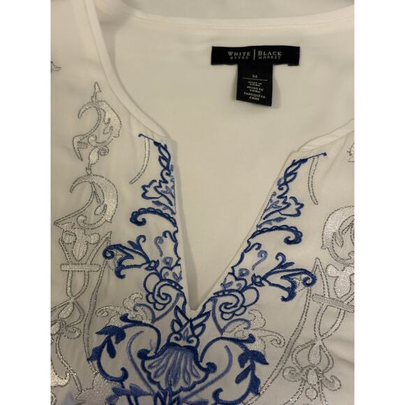 WHITE HOUSE BLACK MARKET Blouse | Chiffon Embroidered White Blue Silver | MEDIUM - Picture 7 of 7